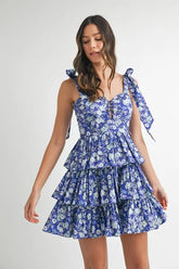 Floral Print Shoulder Tie Layered Mini Dress Mable